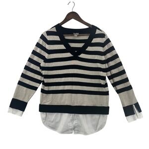 Chico's Striped V-Neck Sweater Tunic Top with White Shirttail Hem Size 2